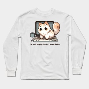 Cat Supervisor Overseeing Computer Work Long Sleeve T-Shirt